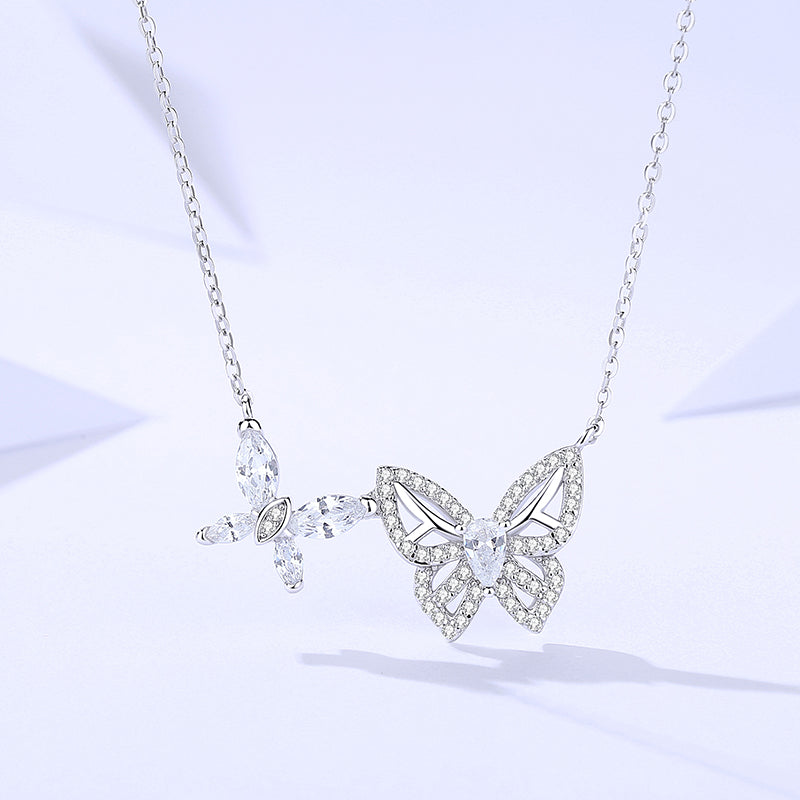 925 Sterling Silver Double Butterfly Cz Necklace For Women & Girls