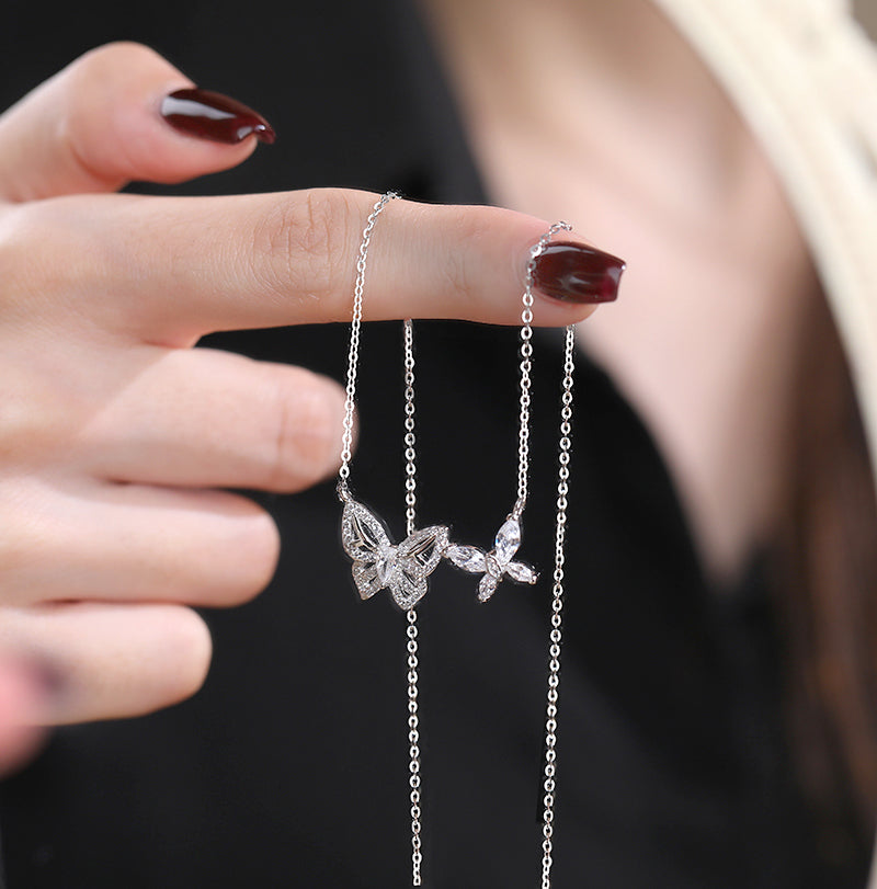 925 Sterling Silver Double Butterfly Cz Necklace For Women & Girls