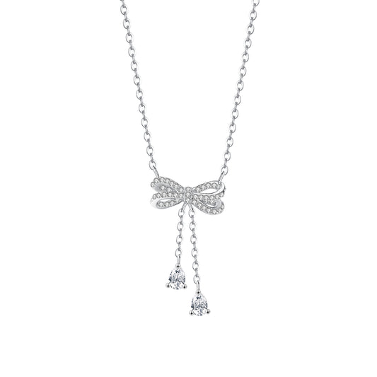 925 Sterling Silver Diamond Cz Studded Bow Necklace For Women & Girls