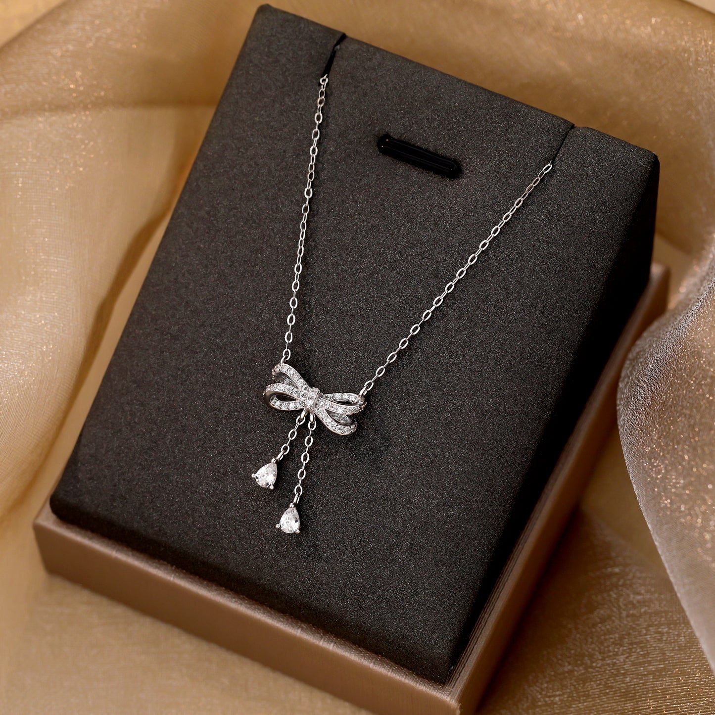 925 Sterling Silver Diamond Cz Studded Bow Necklace For Women & Girls
