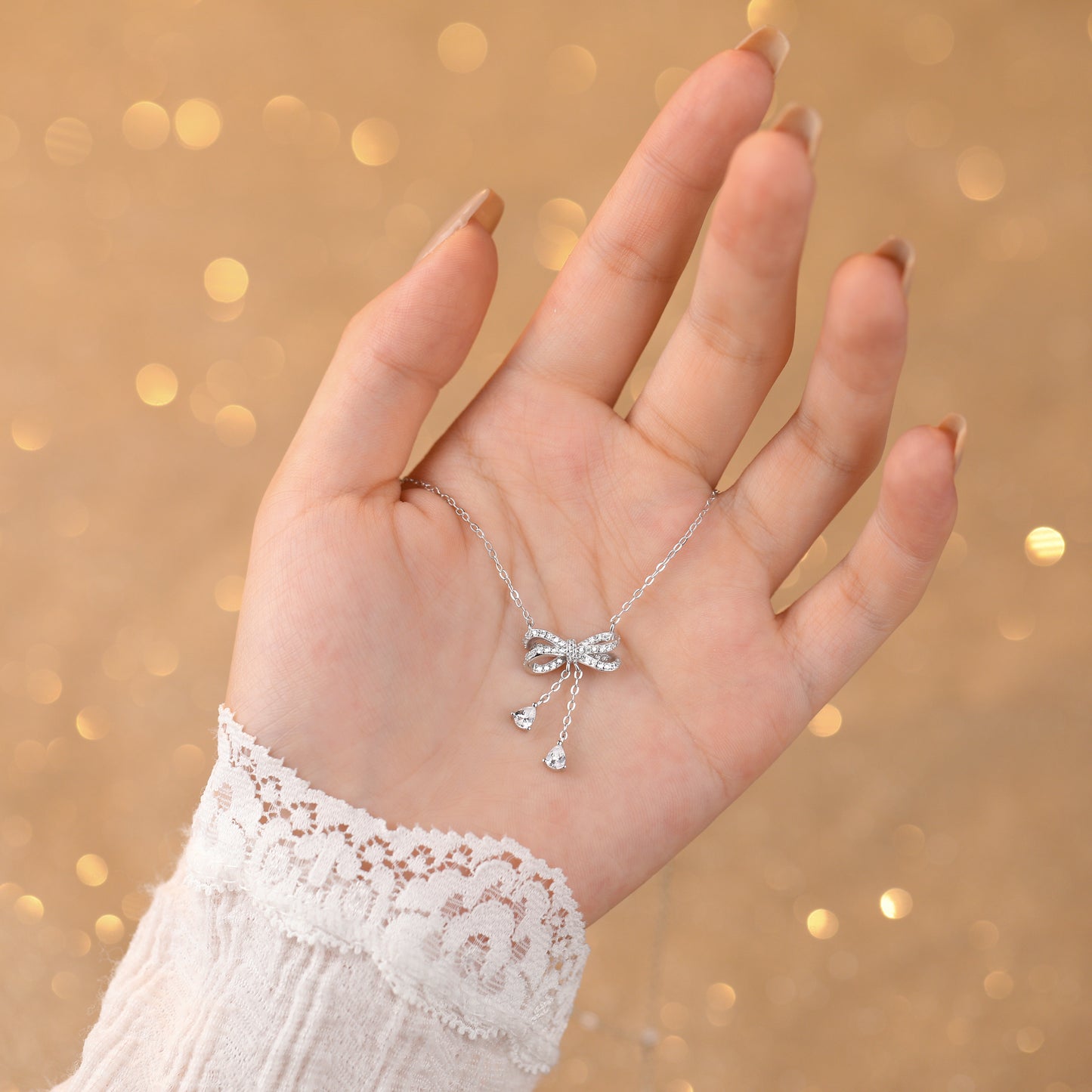 925 Sterling Silver Diamond Cz Studded Bow Necklace For Women & Girls