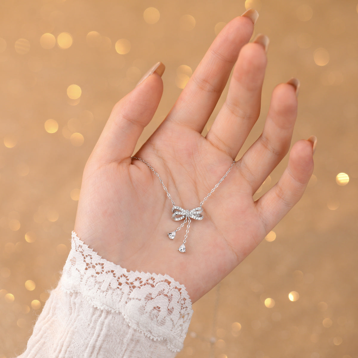 Diamond Cz Studded Bow Necklace