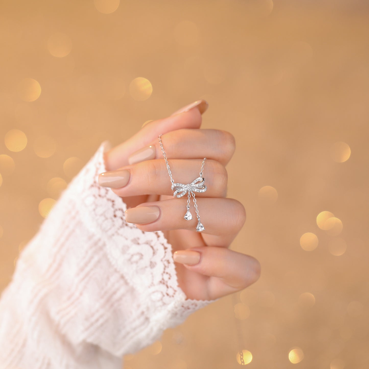 925 Sterling Silver Diamond Cz Studded Bow Necklace For Women & Girls