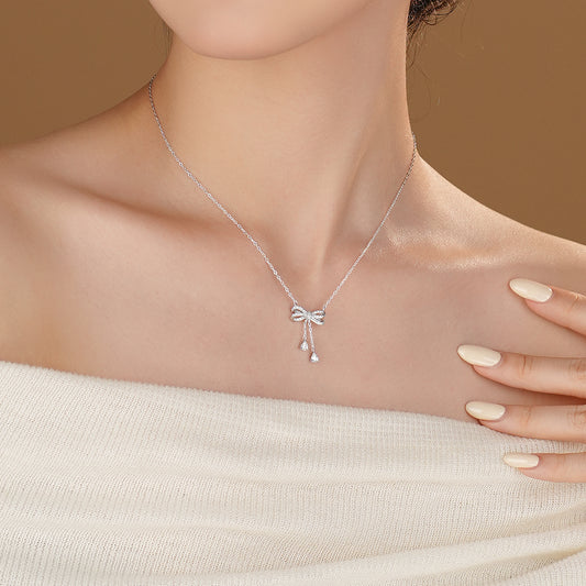 925 Sterling Silver Diamond Cz Studded Bow Necklace For Women & Girls