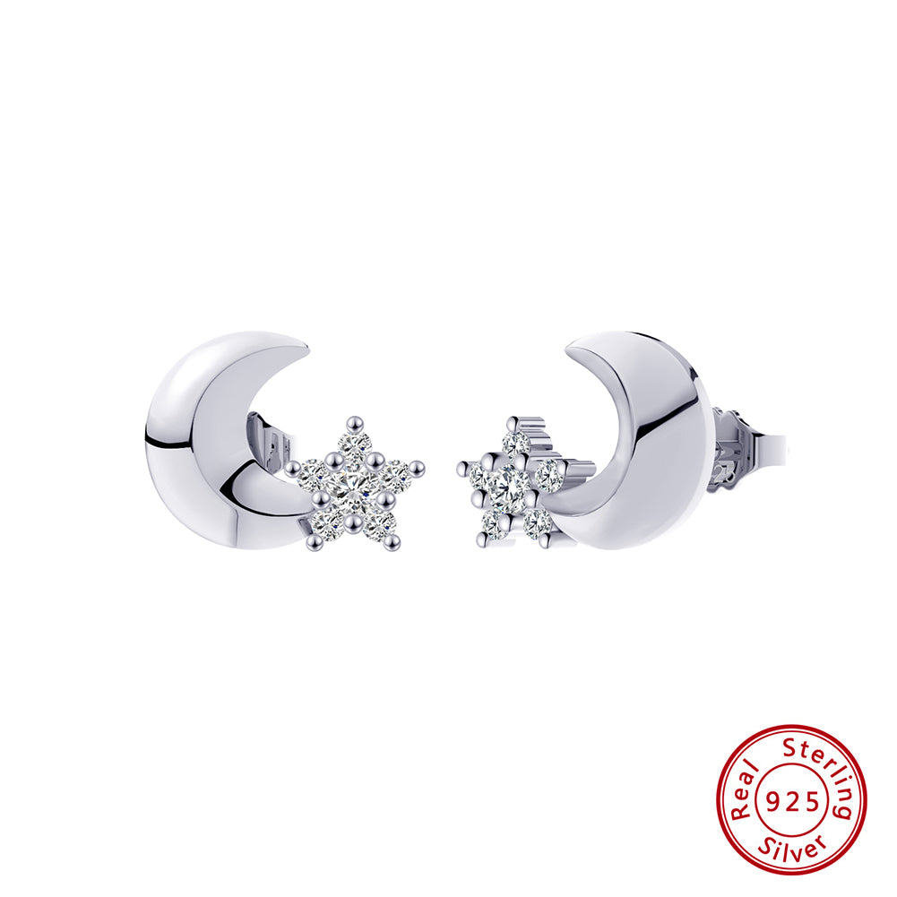 Sterling Silver Moon & Star Shape Stud Earrings