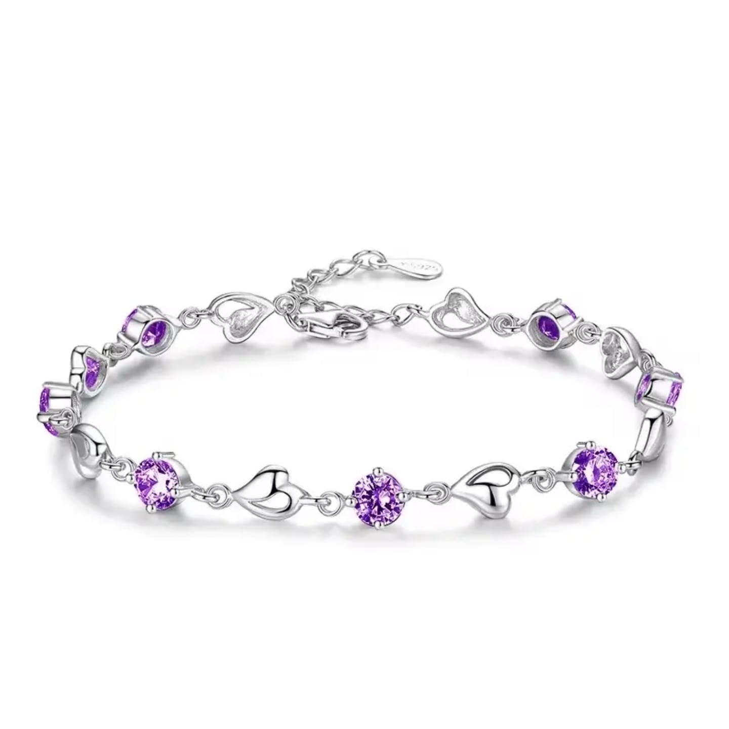 925 sterling silver Amethyst Heart Charm Silver Bracelet for women & girls