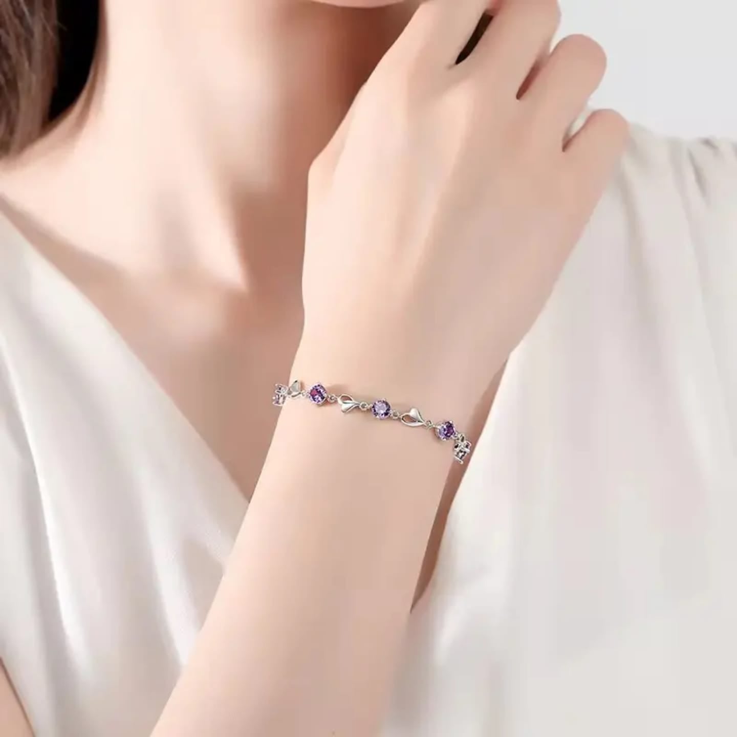 925 sterling silver Amethyst Heart Charm Silver Bracelet for women & girls