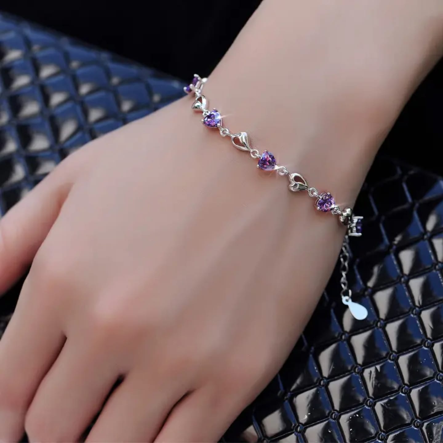 925 sterling silver Amethyst Heart Charm Silver Bracelet for women & girls