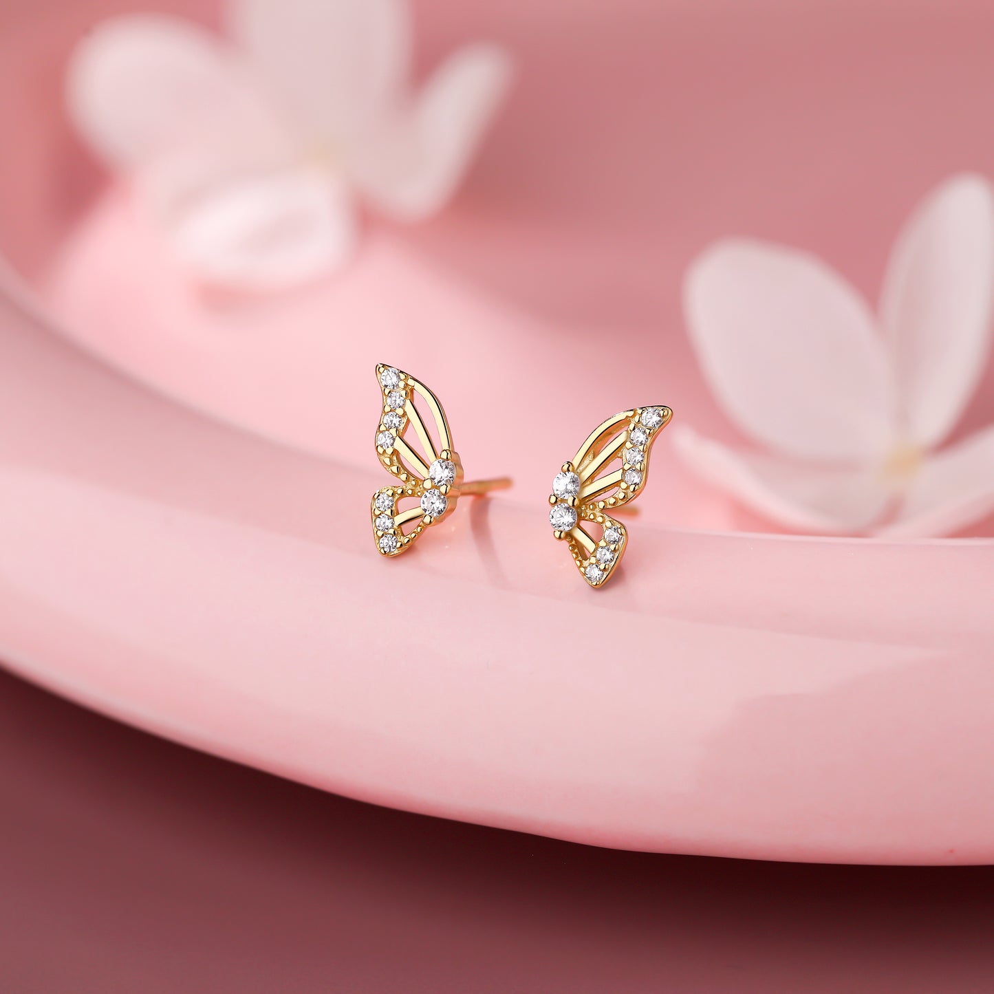 Dainty Butterfly Wings Gold Studs In 925 Sterling Silver