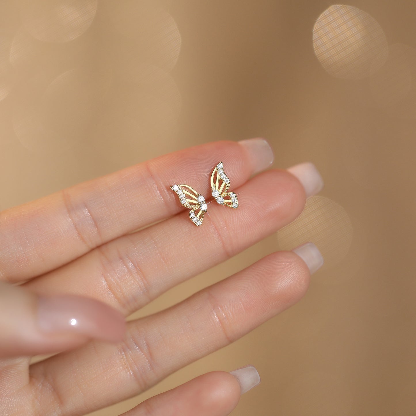 Dainty Butterfly Wings Gold Studs In 925 Sterling Silver