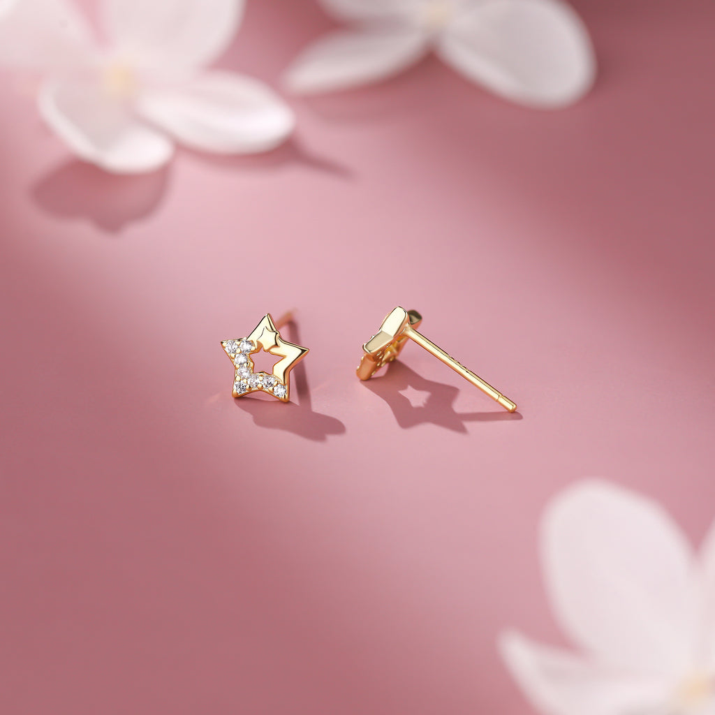 Golden Star CZ Silver Stud Earrings