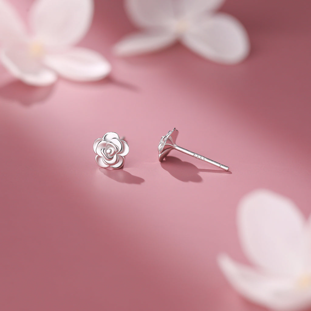 999 Pure Silver Dainty Rose Stud Earrings