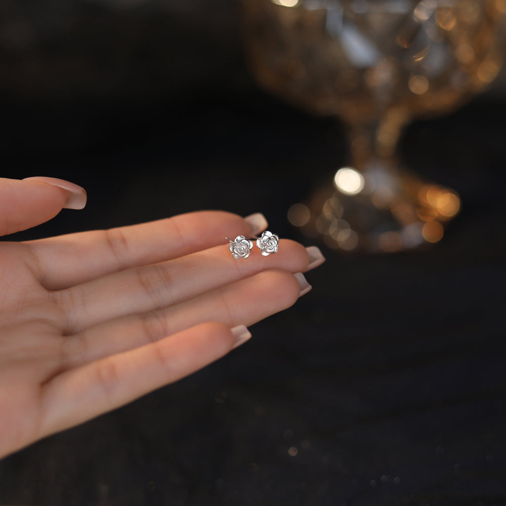 999 Pure Silver Dainty Rose Stud Earrings