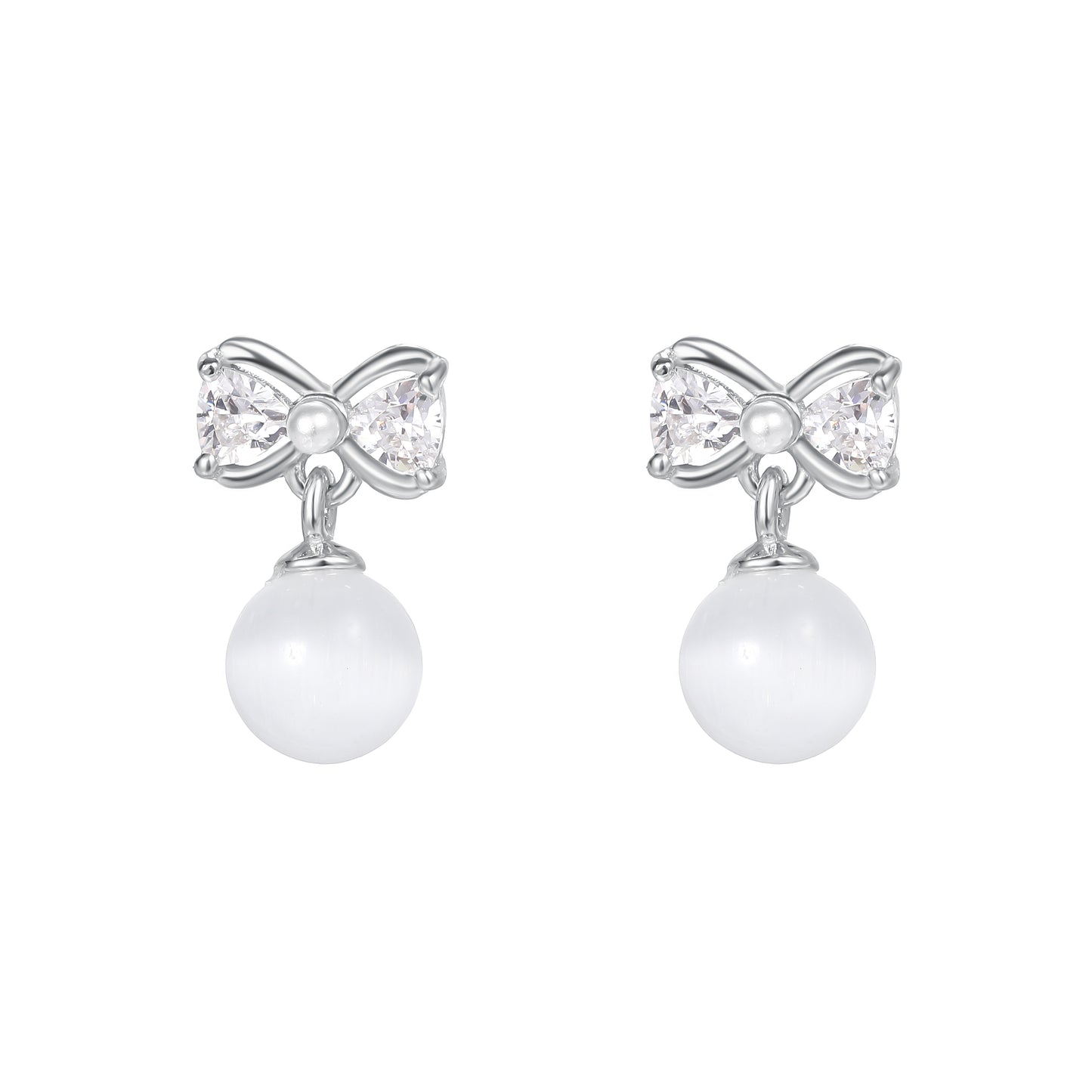 999 Sterling Silver Cute Bow crystal Dangle Earrings