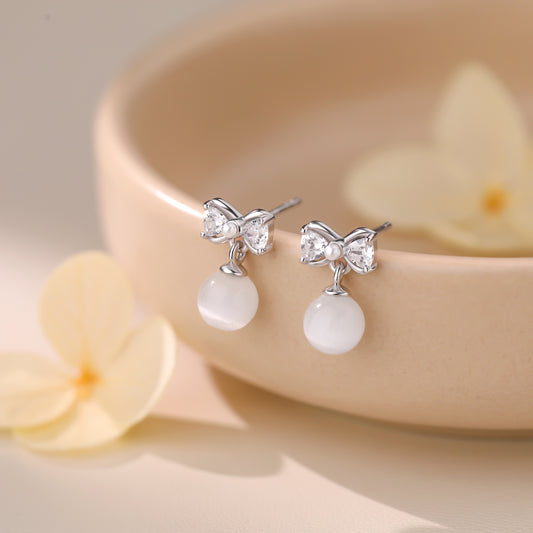 999 Sterling Silver Cute Bow crystal Dangle Earrings
