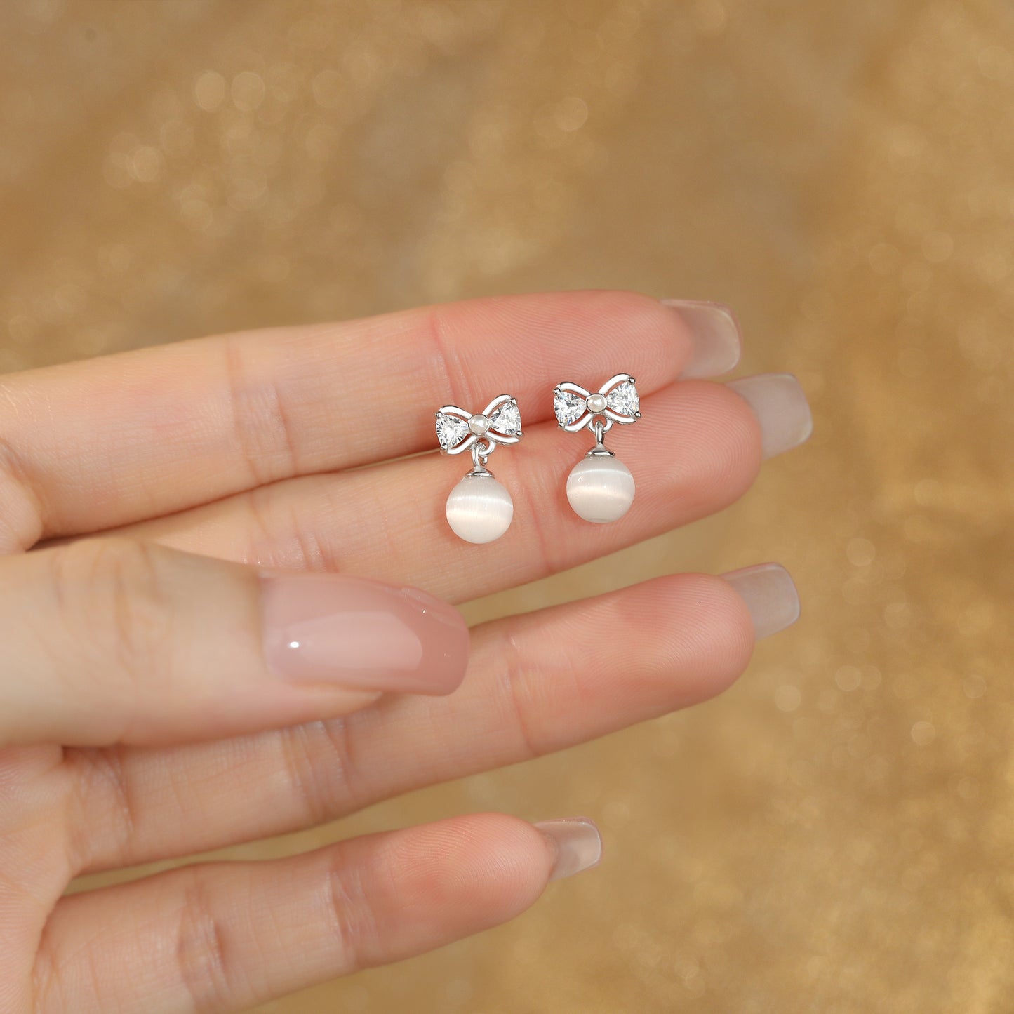 999 Sterling Silver Cute Bow crystal Dangle Earrings