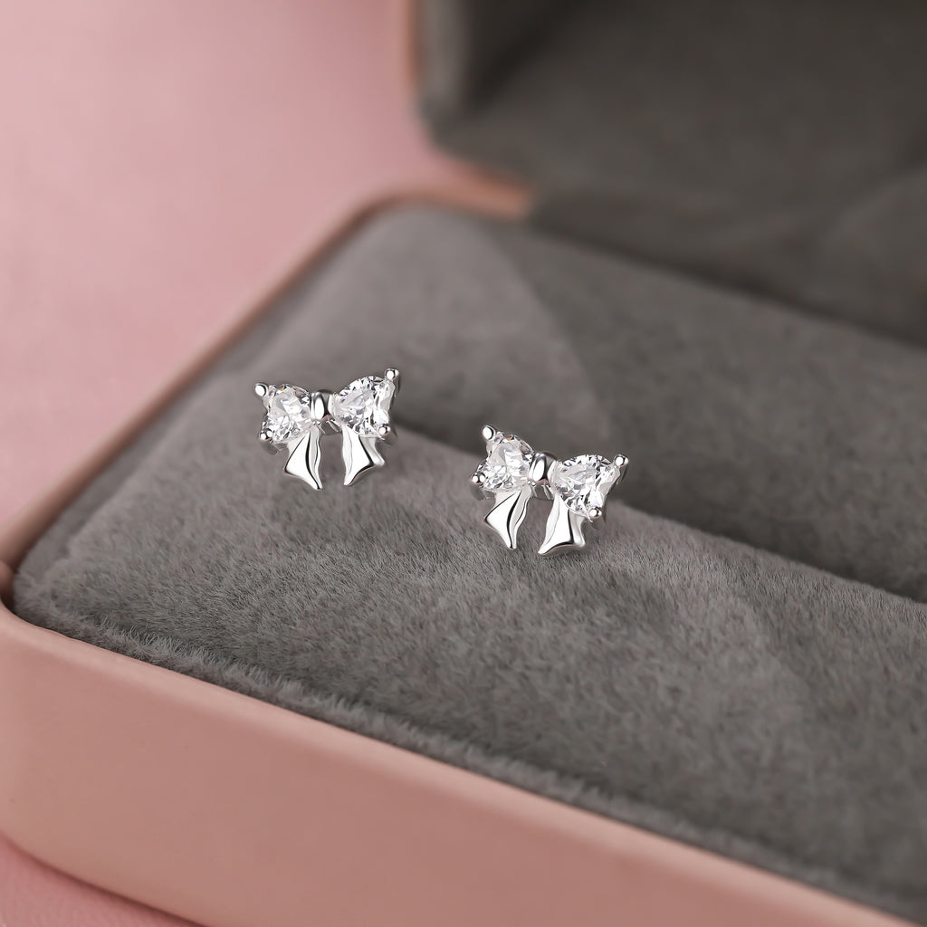 999 Silver CZ Bow Pure Stud Earrings