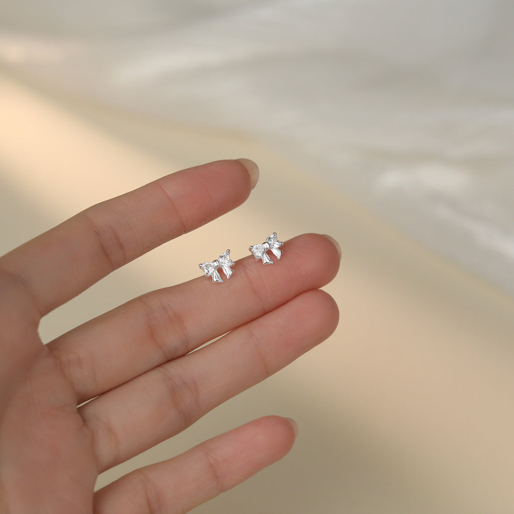 999 Silver CZ Bow Pure Stud Earrings