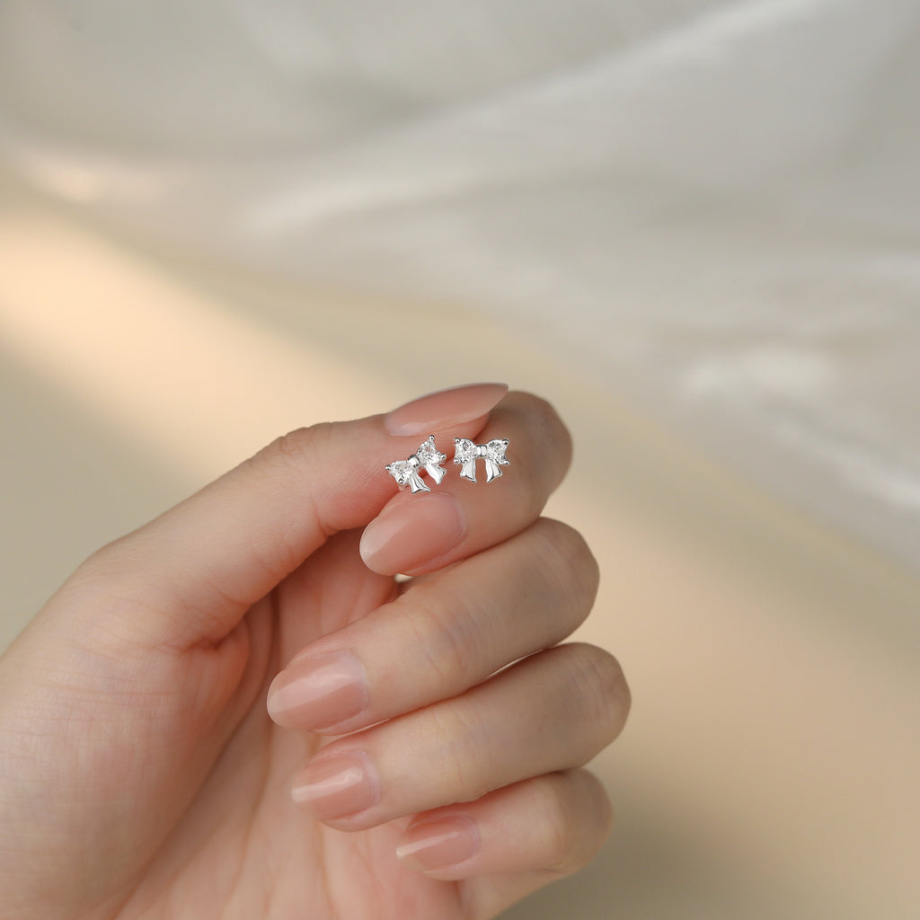 999 Silver CZ Bow Pure Stud Earrings