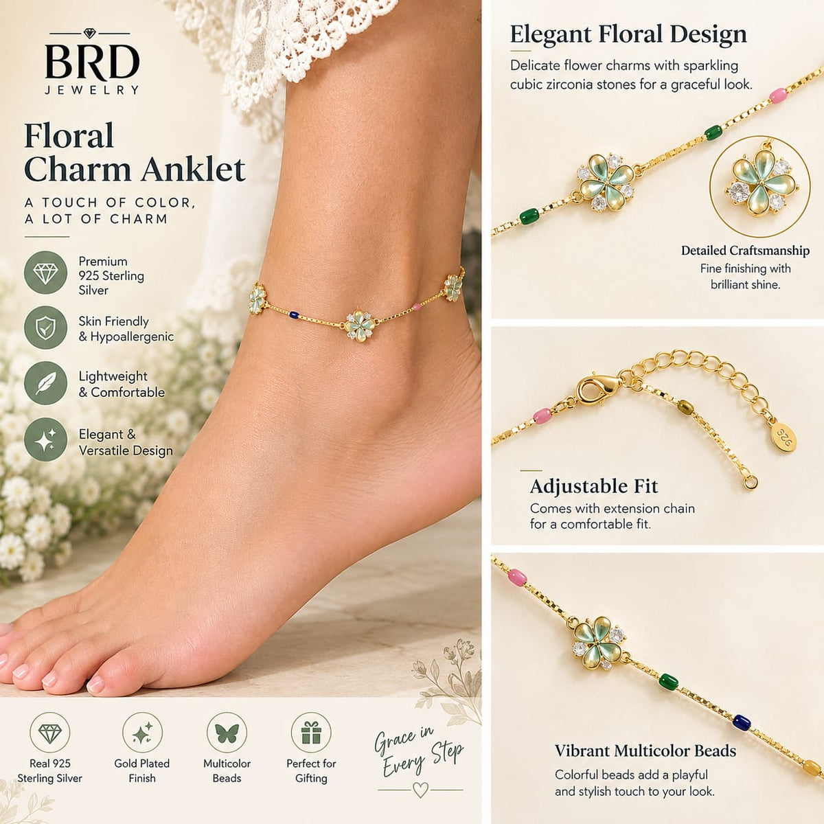 Floral Charm Gold Anklet