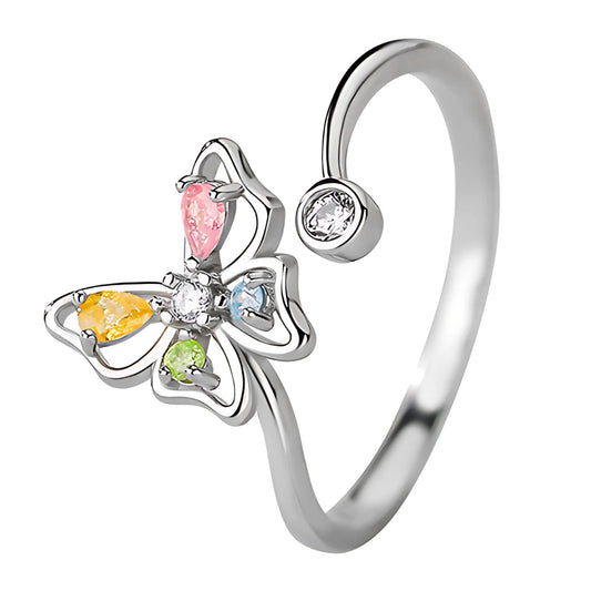 Multicolor CZ Butterfly Adjustable Silver Ring
