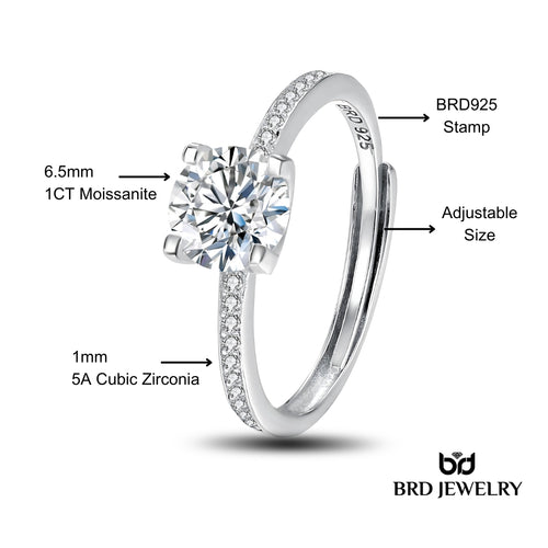 1 Ct GRA Certified Moissanite Adjustable Ring In Sterling Silver