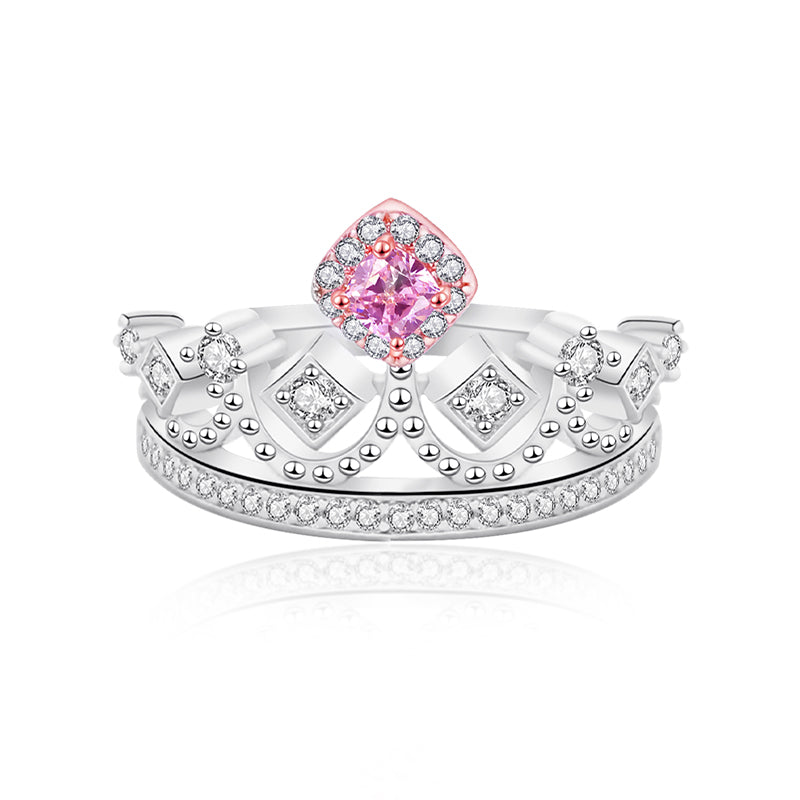 Pink Solitaire Princess Crown Silver Ring