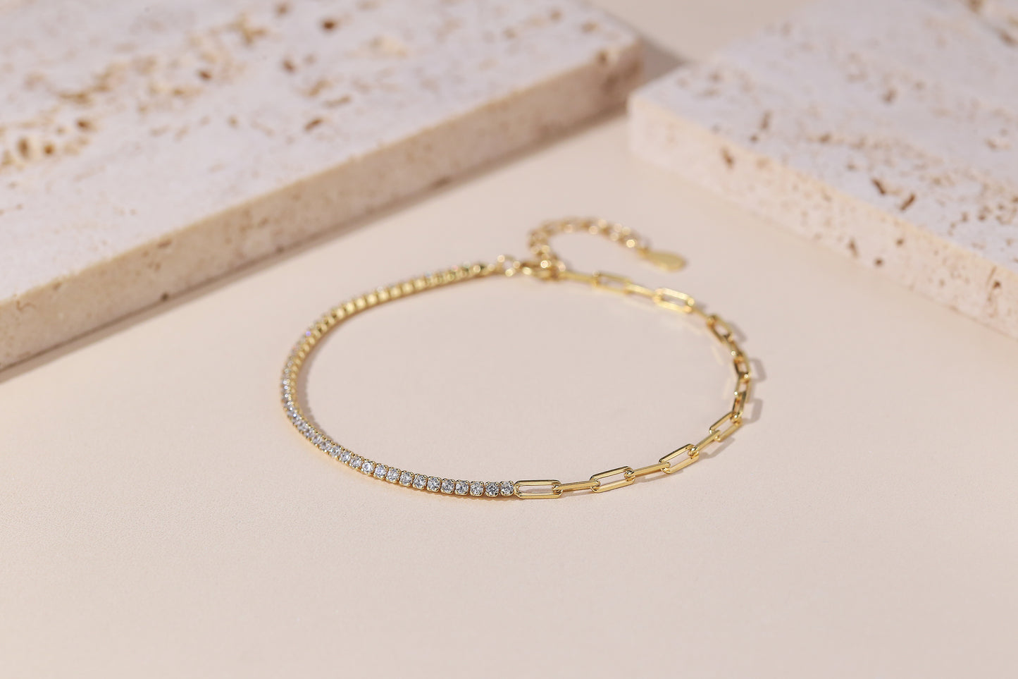925 Sterling Silver 18K Gold Plated Swiss Zircon Link Chain Adjustable Bracelet For Women & Girls (Adjustable)