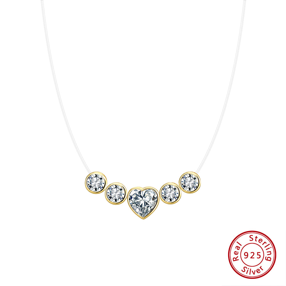 925 Sterling Silver 14K Gold Plated Dainty Heart Pendant With Invisible Chain For Women & Girls (Adjustable)