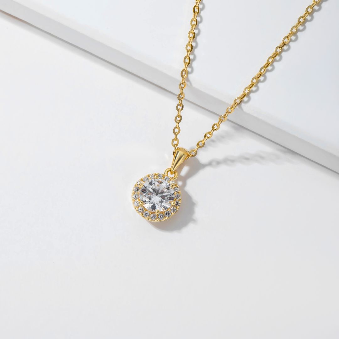 Radiant Gold Plated Silver Necklace With Dazzling Halo Zircon Pendant (Adjustable)
