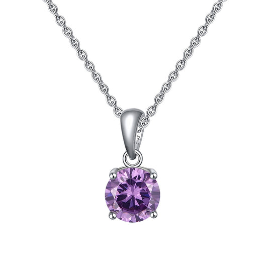 925 Sterling Silver Round Amethyst Cz Pendant Necklace For Women & Girls (Adjustable)