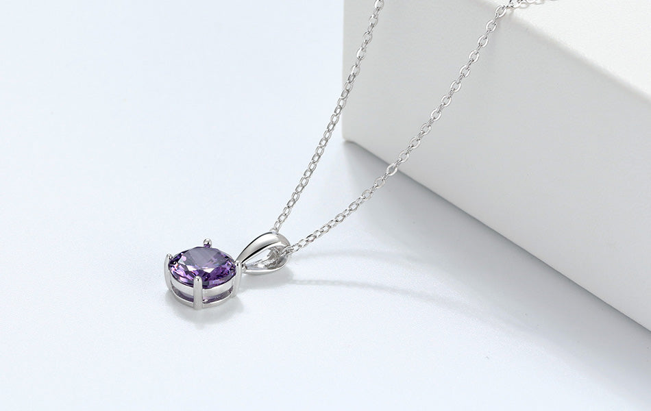 925 Sterling Silver Round Amethyst Cz Pendant Necklace For Women & Girls (Adjustable)