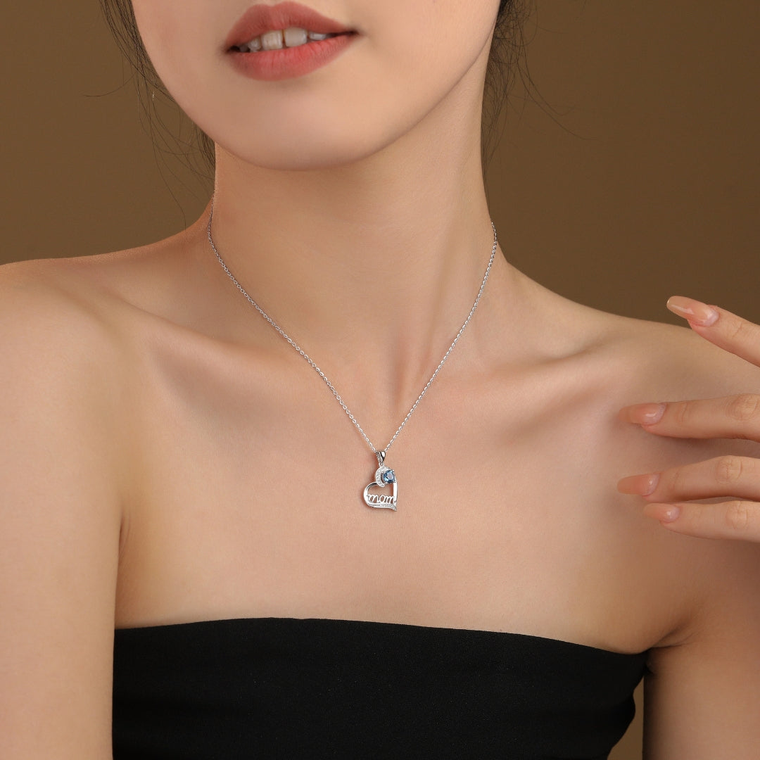 Blue Swiss Zirconia Mom Pendant With Chain In Sterling Silver