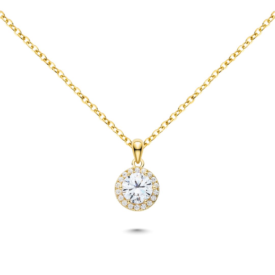 Radiant Gold Plated Silver Necklace With Dazzling Halo Zircon Pendant (Adjustable)