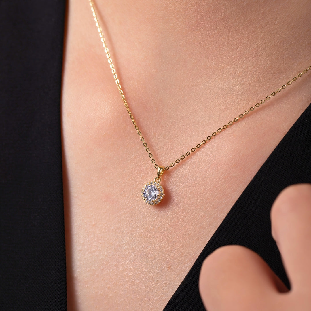 Radiant Gold Plated Silver Necklace With Dazzling Halo Zircon Pendant (Adjustable)