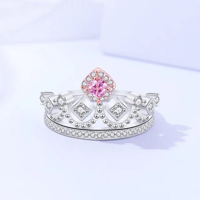 Pink Solitaire Princess Crown Silver Ring