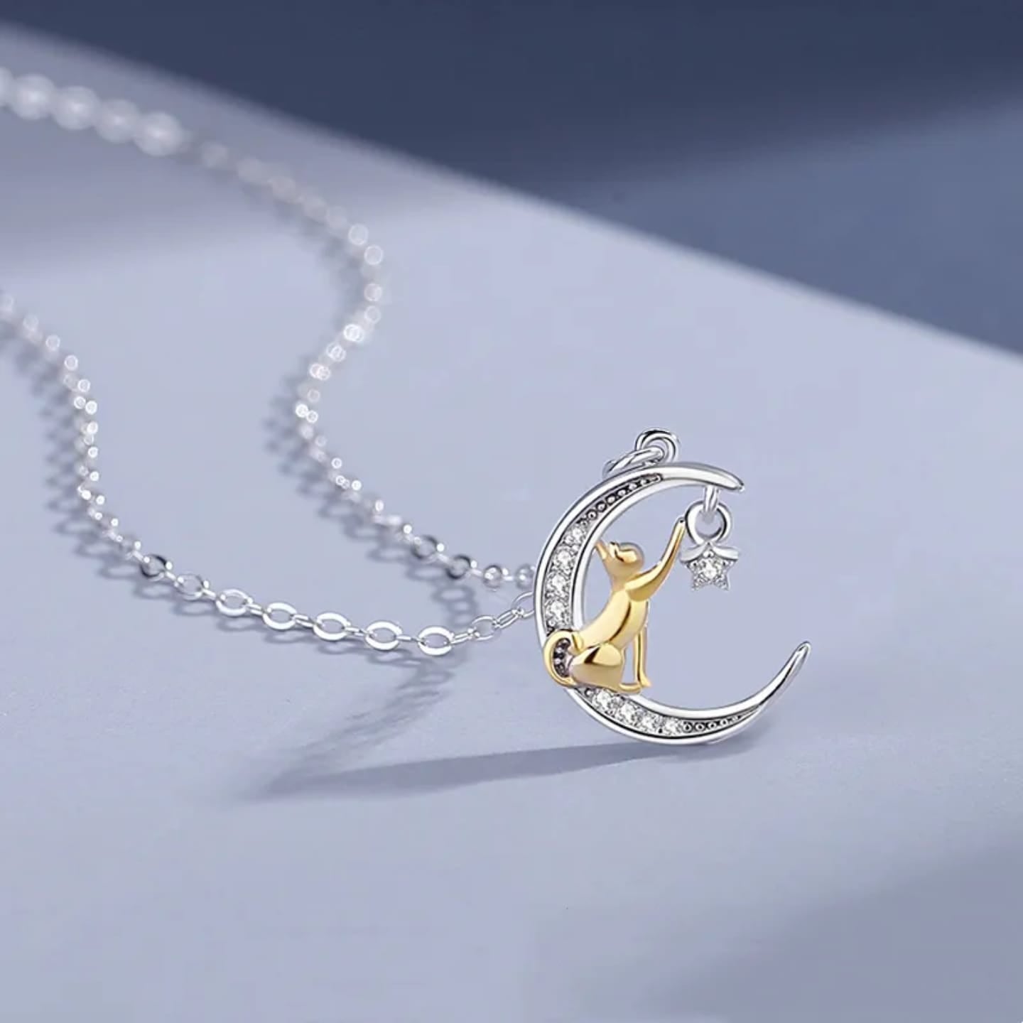 925 Sterling Silver Golden Cat In Crescent Moon Pendant Necklace For Women & Girls (16 Inches)