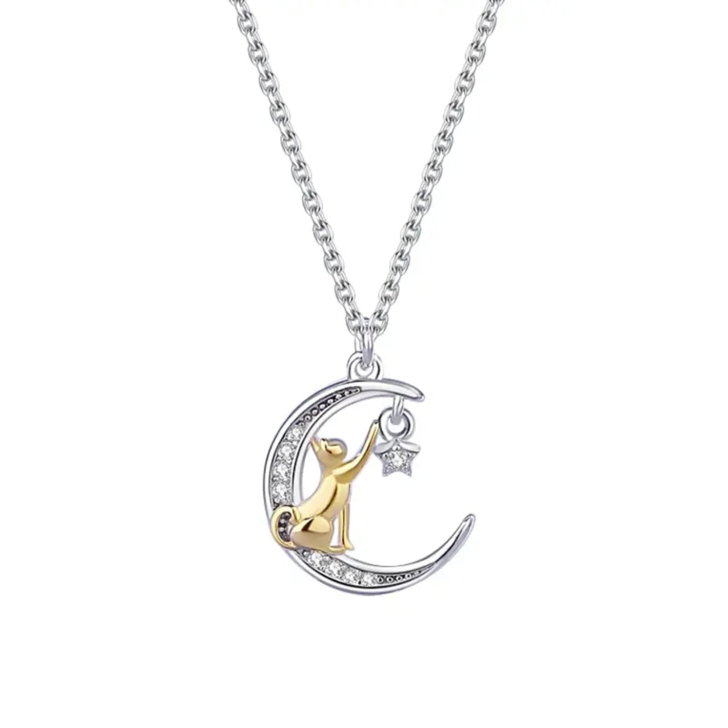 925 Sterling Silver Golden Cat In Crescent Moon Pendant Necklace For Women & Girls (16 Inches)
