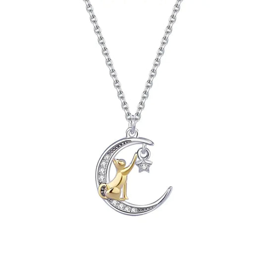 925 Sterling Silver Golden Cat In Crescent Moon Pendant Necklace For Women & Girls (16 Inches)