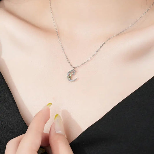 925 Sterling Silver Golden Cat In Crescent Moon Pendant Necklace For Women & Girls (16 Inches)