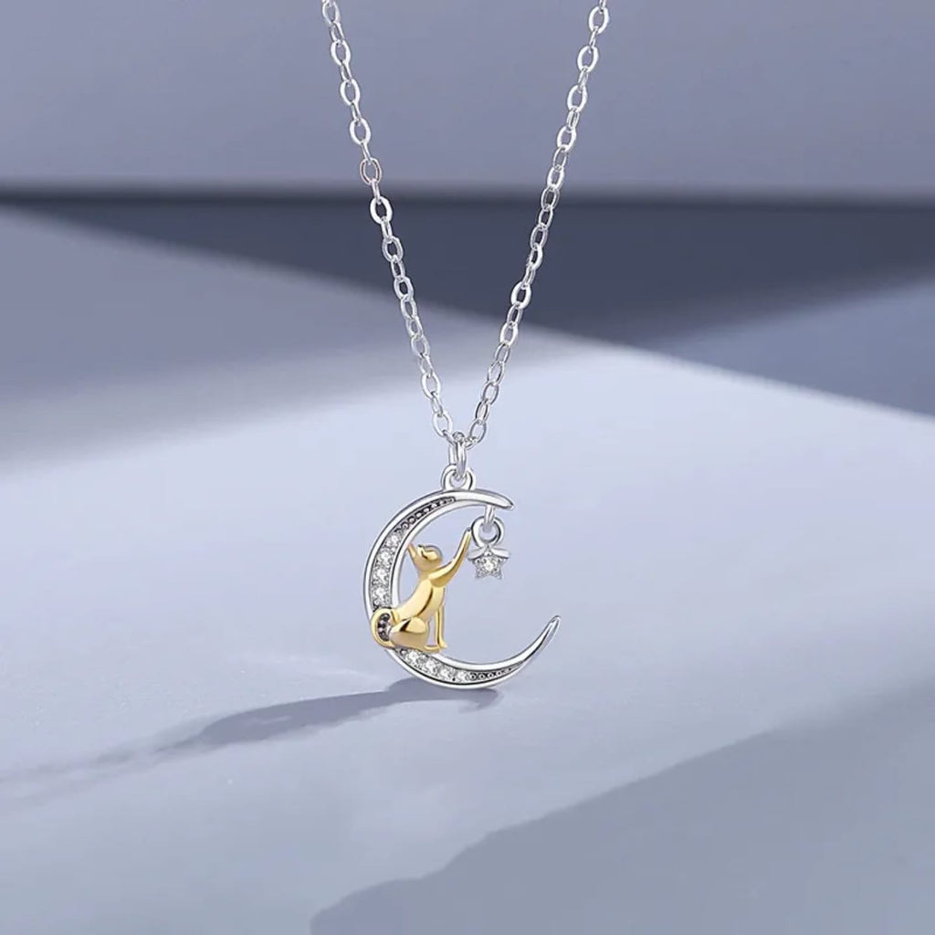 Golden Cat In Crescent Moon Pendant Necklace