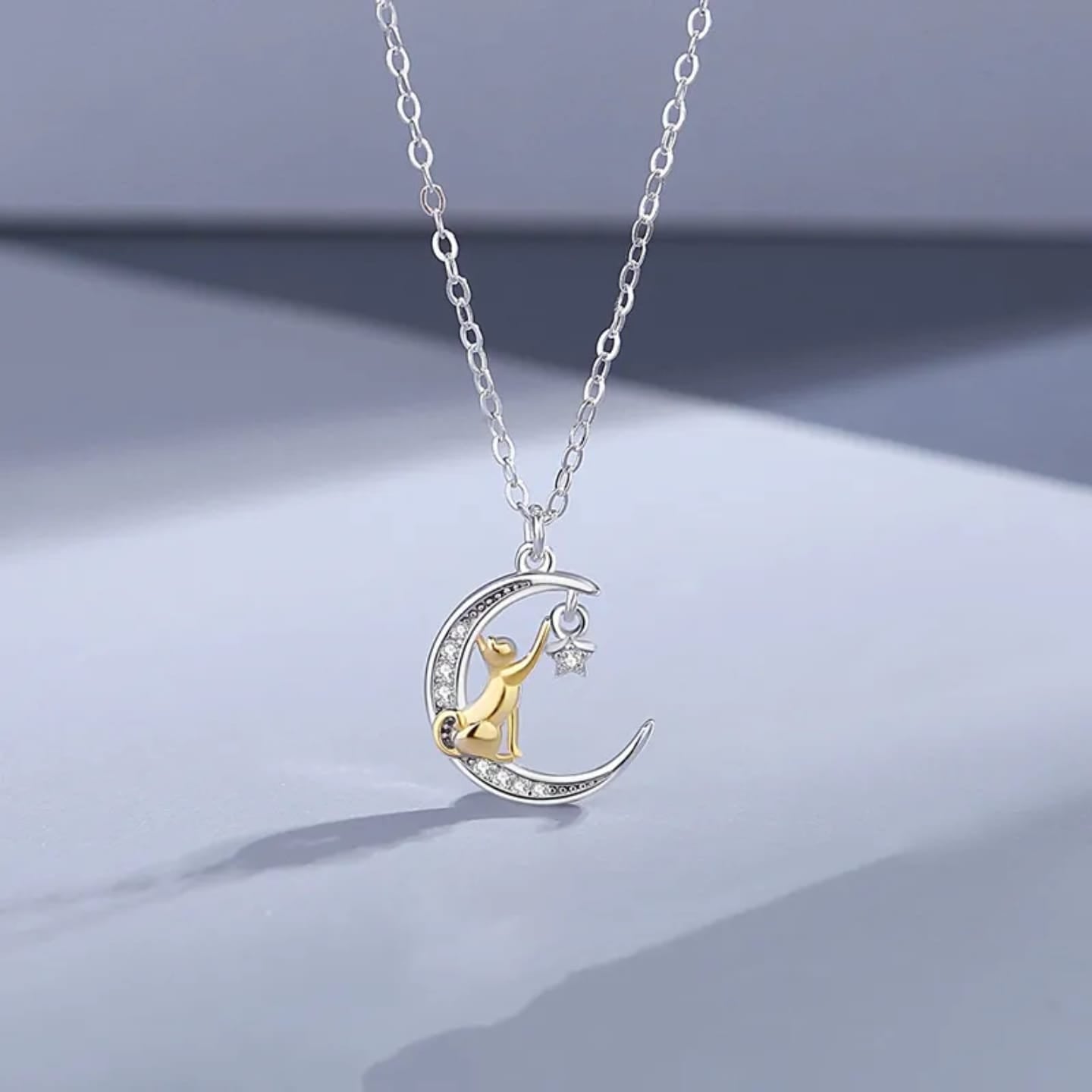 925 Sterling Silver Golden Cat In Crescent Moon Pendant Necklace For Women & Girls (16 Inches)