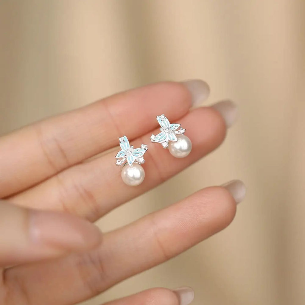 Blue Enamel Butterfly Pearl Earrings