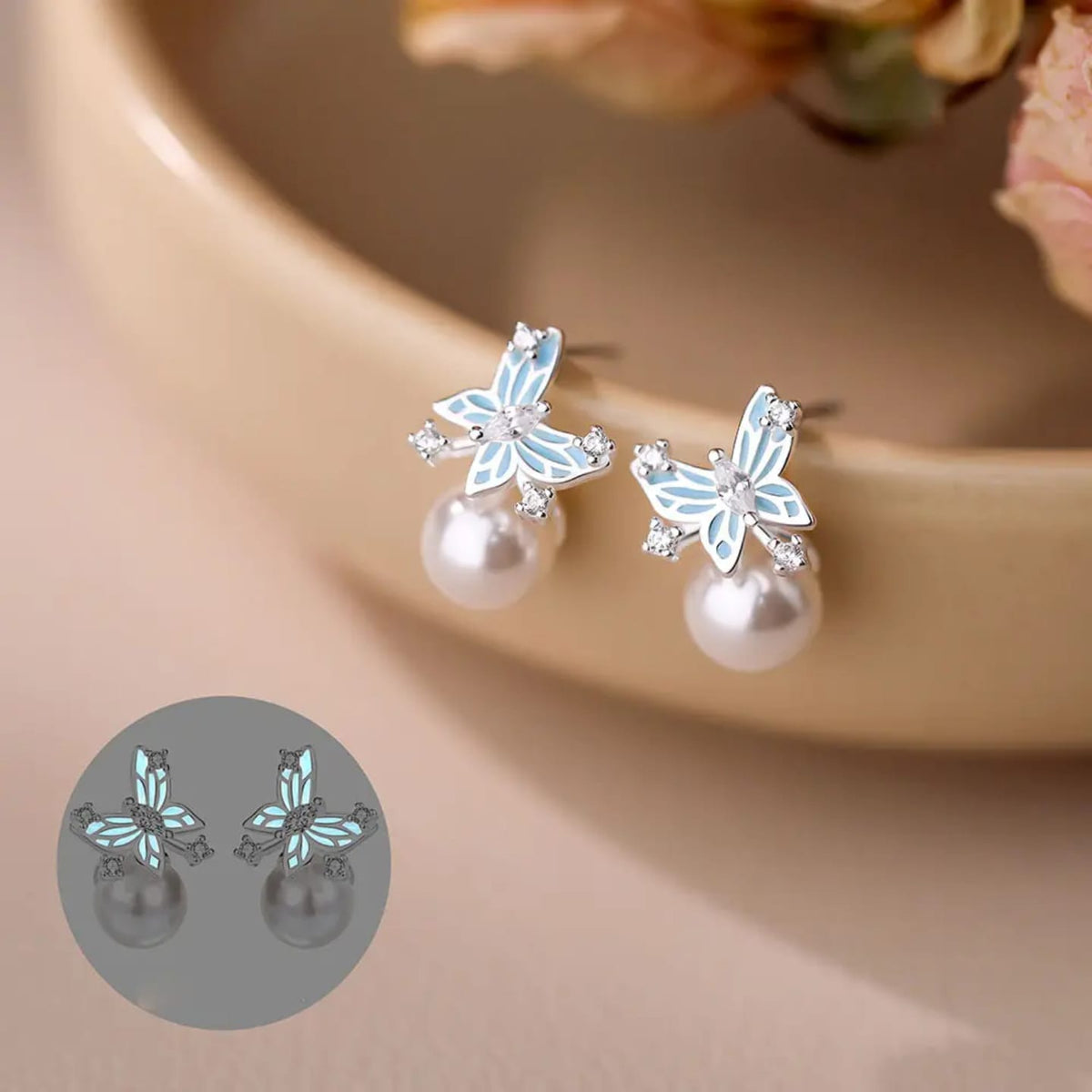 Blue Enamel Butterfly Pearl Earrings