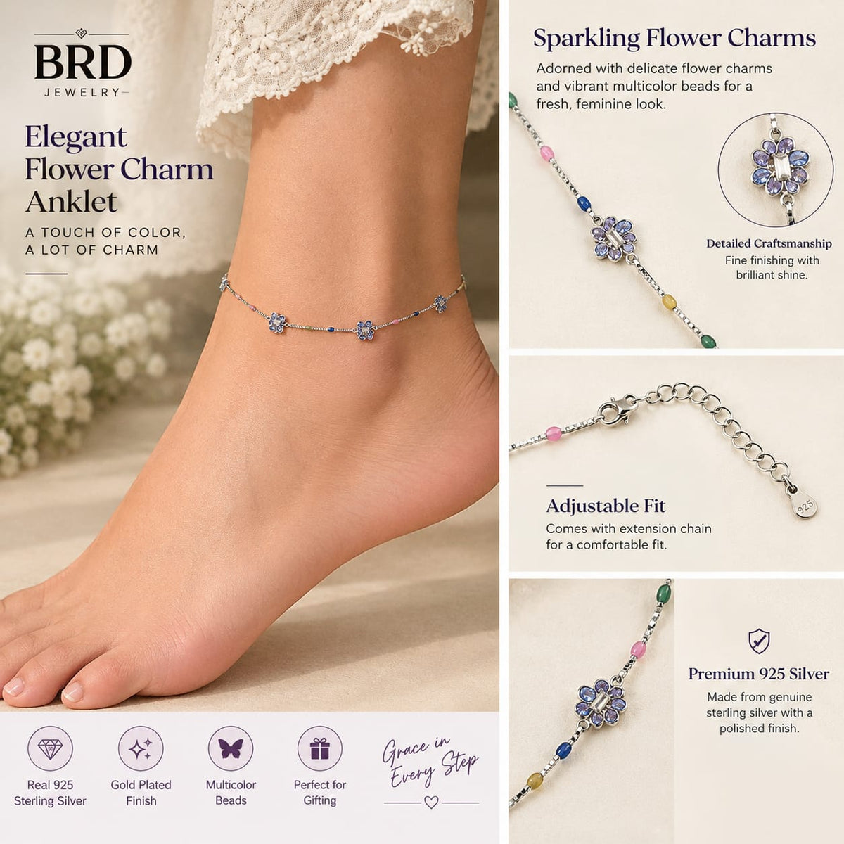 Bloom Charm Silver Anklet