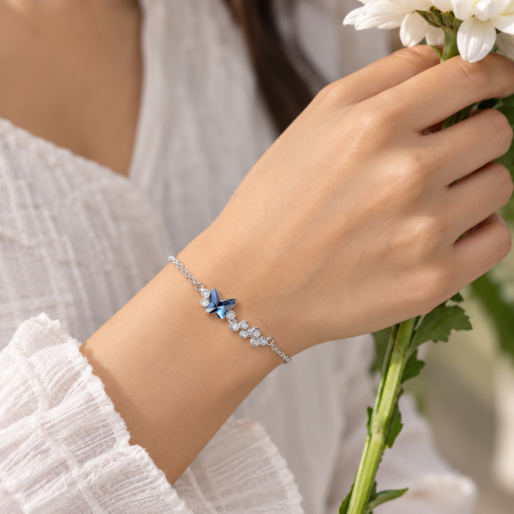 Radiant Blue Butterfly Silver Bracelet