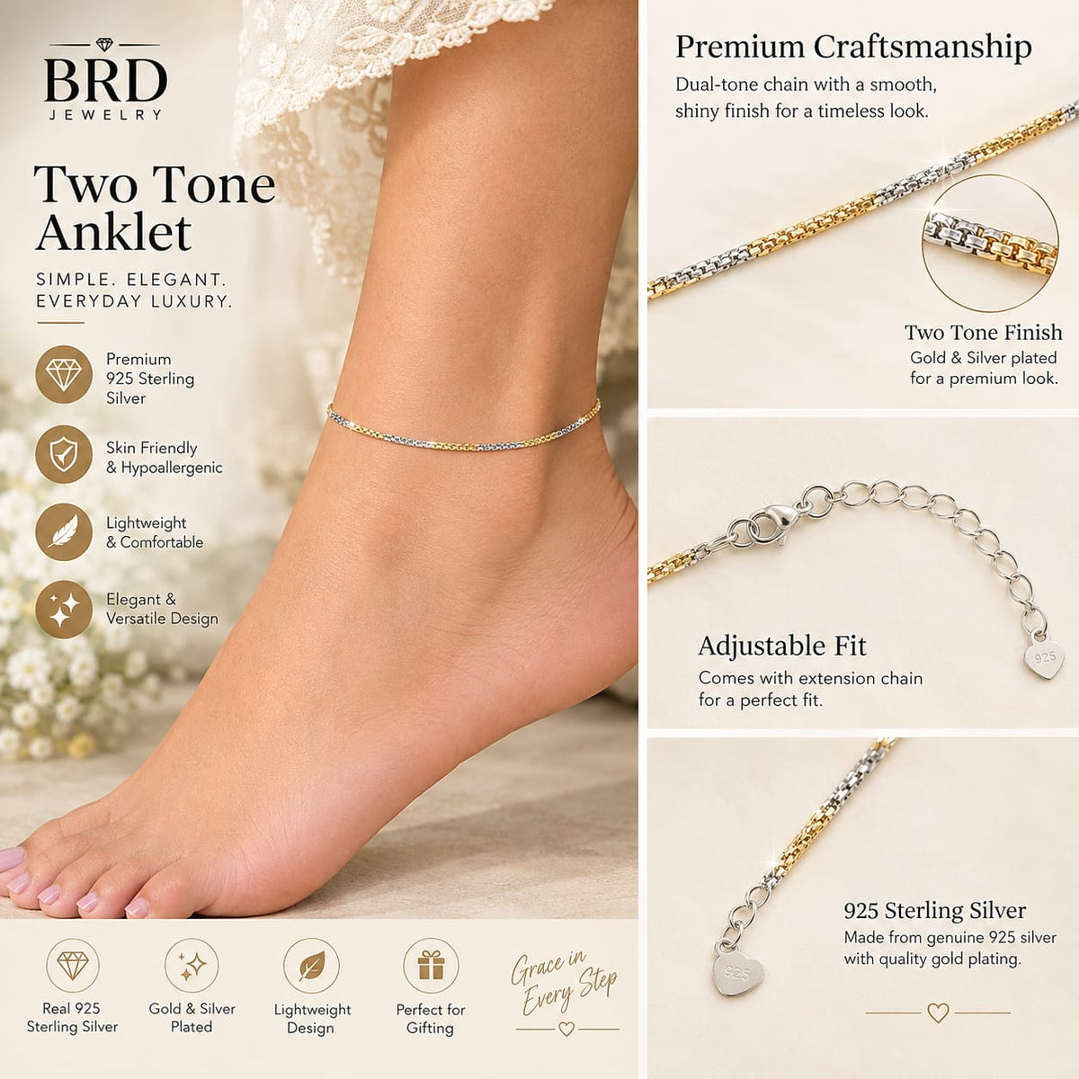 Minimal Dual Tone Silver Anklet