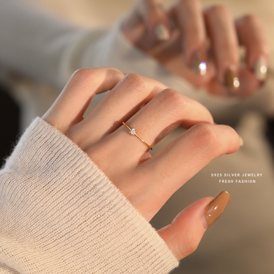 Dainty gold plated CZ silver adjustable ring