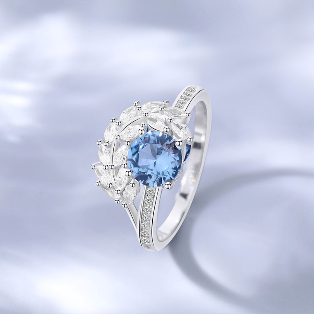 925 Sterling Silver Blue Diamond Cz Feather Ring