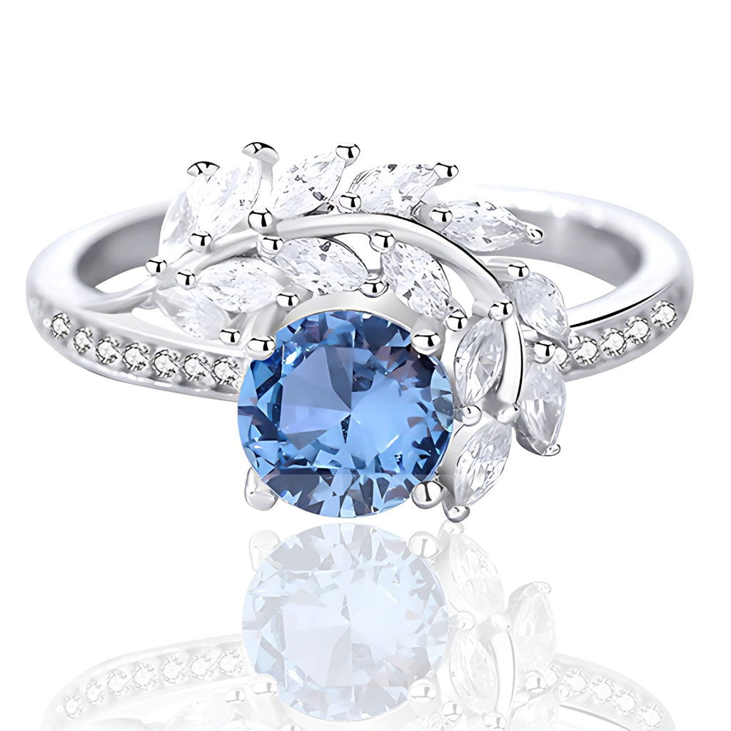 925 Sterling Silver Blue Diamond Cz Feather Ring